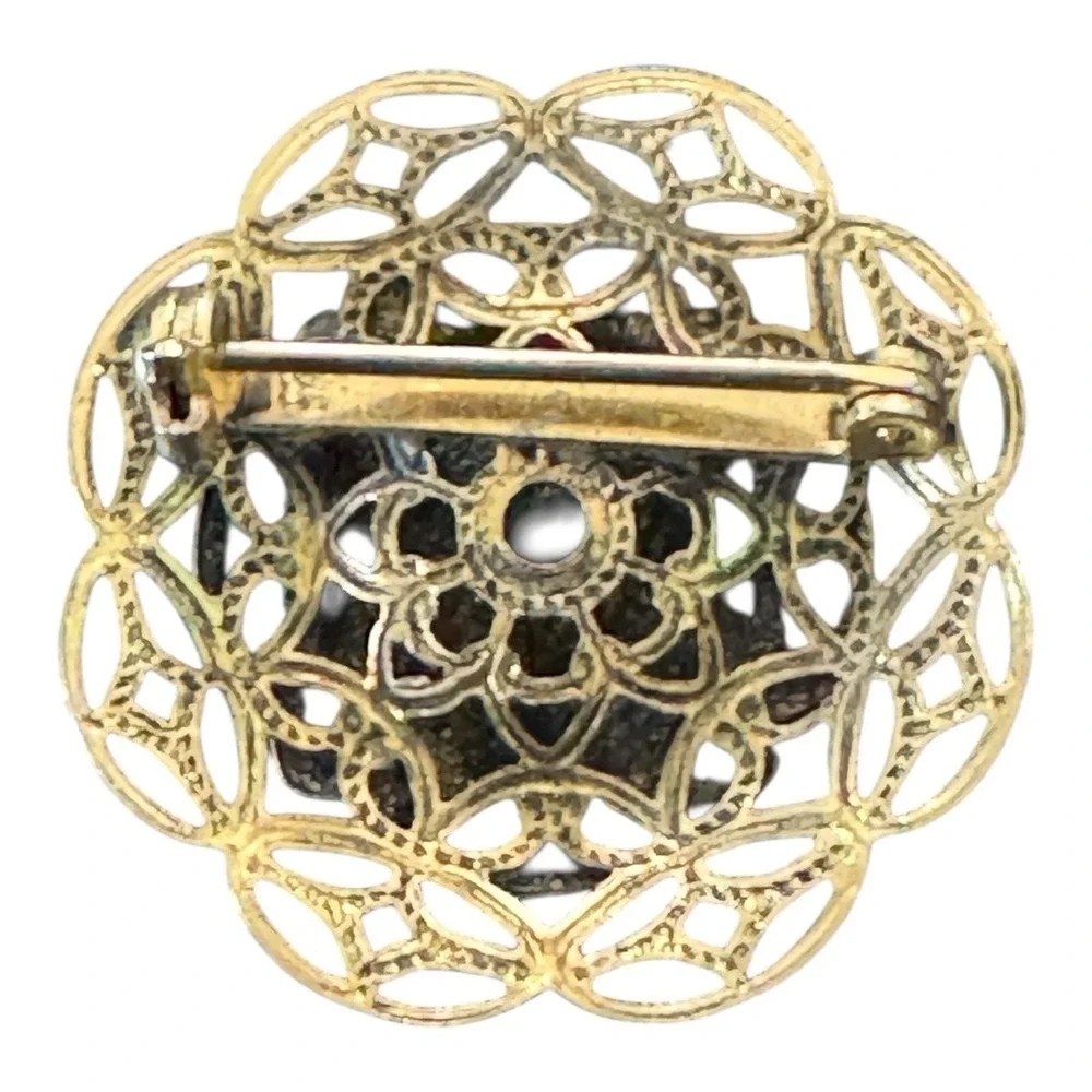 Vintage Gold Tone‎ Blue Enamel Faux Opalite Flower Brooch Pin